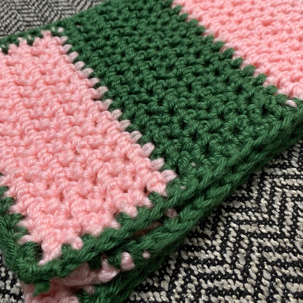 Green & Pink hand crochet color block scarf